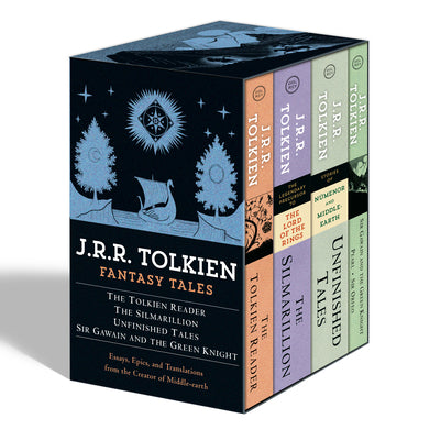 Cover Image for Tolkien Fantasy Tales Box Set (the Tolkien Reader, the Silmarillion, Unfinished Tales, Sir Gawain and the Green Knight): Essays, Epics, and Translatio -- J. R. R. Tolkien, Boxed Set