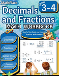 Cover Image for Decimals and Fractions Math Workbook 3rd and 4th Grade: Fractions and Decimals Grade 3-4, Operations with Decimals and Fractions, Comparing Fractions, -- Mathflare Publishing, Paperback